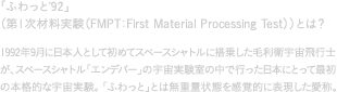 「ふわっと’92」 （第1次材料実験（FMPT：First Material Processing Test））とは？  1992年9月に日本人として初めてスペースシャトルに搭乗した毛利衛宇宙飛行士が、スペースシャトル「エンデバー」の宇宙実験室の中で行った日本にとって最初の本格的な宇宙実験。「ふわっと」とは無重量状態を感覚的に表現した愛称。