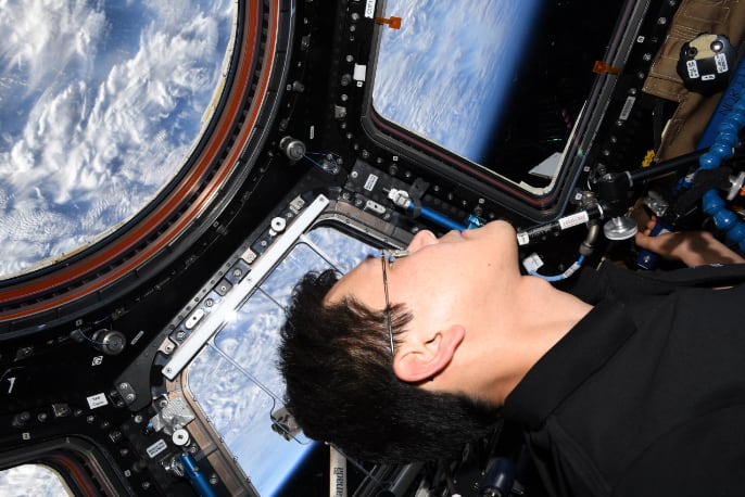 The astronaut KANAI Norishige viewing the earth from the Cupola