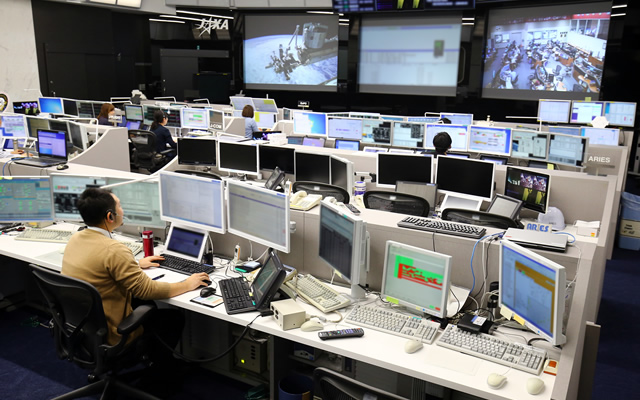 The ground control room at the Tsukuba Space Center